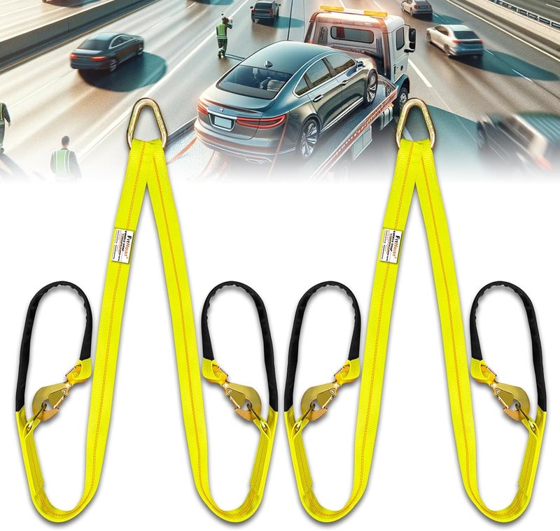 FITHOIST 2PC V-Bridle Tow Strap 2" x 4' with Snap Hooks, Cordura Sleeve, and Axle Straps, D-Ring for Enhanced Stability, Recovery Strap 5500lbs Load for Car Towing, Rollback, Flatbed, Tow Truck - Image 1